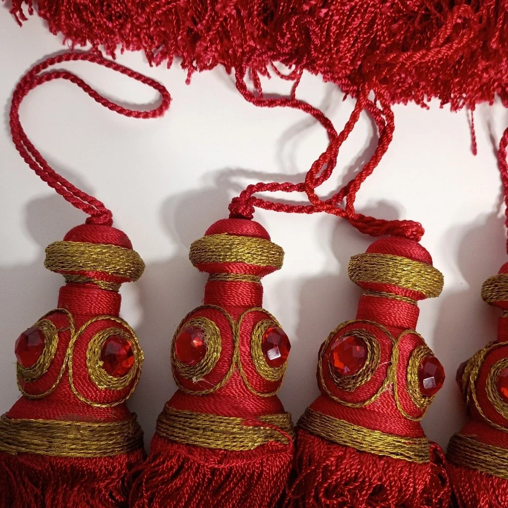 20 Red Gold Jeweled Tassels Christmas Ornaments, Curtain Tassels Bohemian Decor